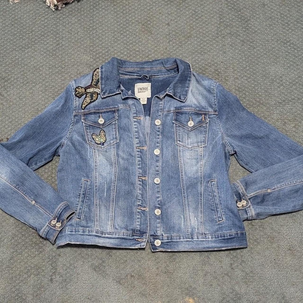 Vintage Jean Jacket America Blues Beaded Bird Patches